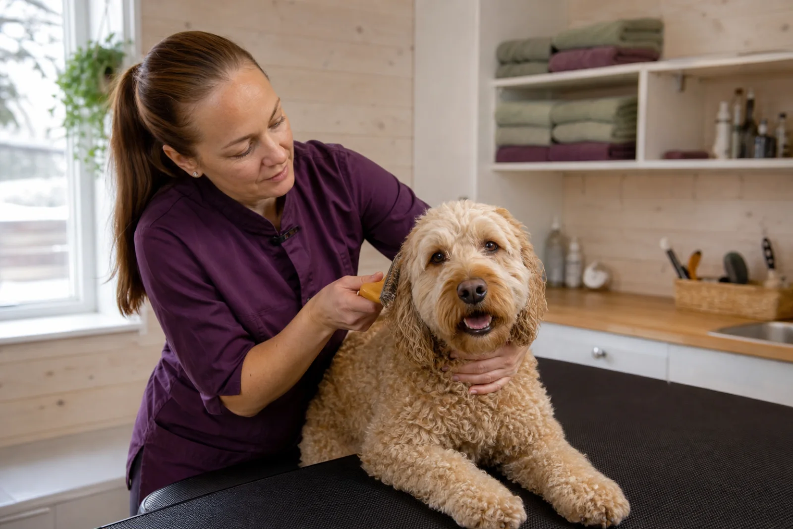 A dog groomer brushes a relaxed dog in a bright grooming studio.