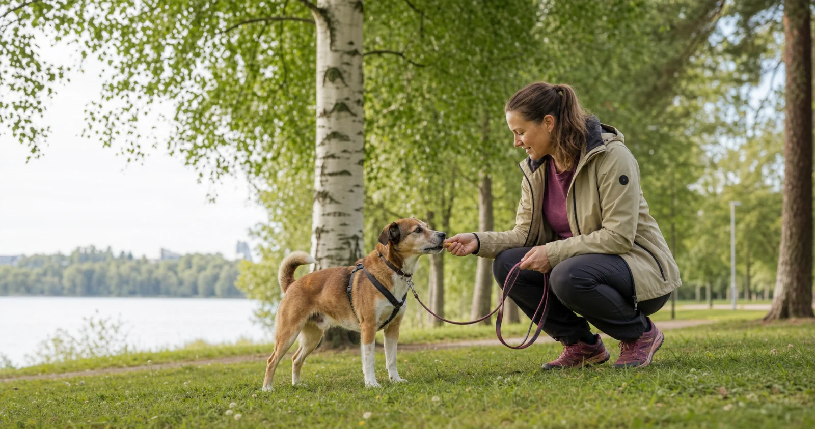 A dog trainer calmly practises with a dog beside a lake in Tampere.