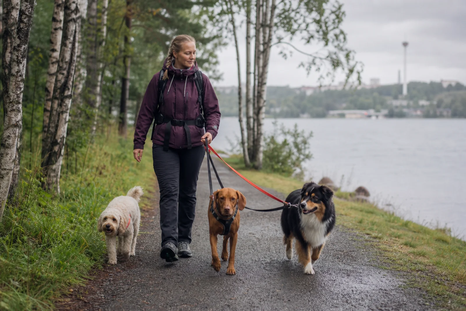 A dog walker walks three dogs along a lakeside path in Tampere.